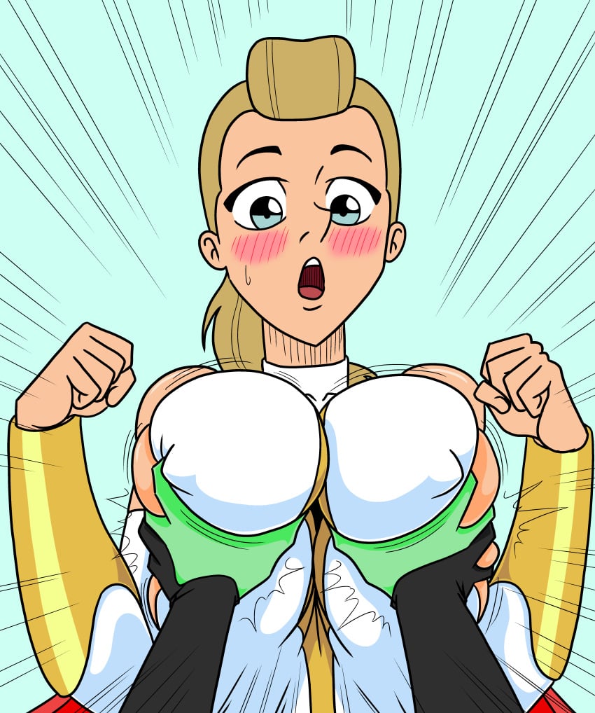 1girls 1other 2020s 2022 absurd_res adora alternate_version_available ambiguous_gender armor black_gloves blonde_female blonde_hair blue_background blue_eyes blush bracer breast_grab breast_squeeze breasts breasts_bigger_than_head cape cyan_background double_trouble duo embarrassed female fists gloves green_skin groping groping_breasts huge_breasts human leotard light-skinned_female light_skin long_gloves long_hair motion_lines open_mouth ponytail red_cape she-ra she-ra_and_the_princesses_of_power shocked simple_background surprised thathornybastard white_gloves white_leotard