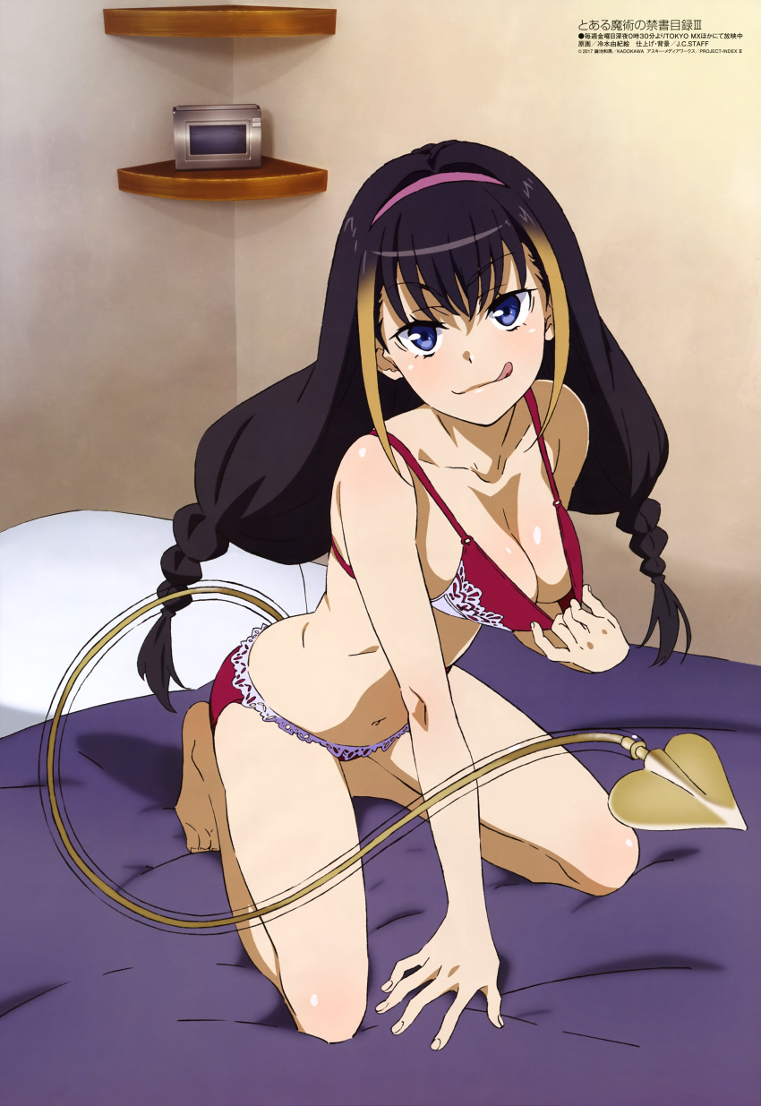 10s 1girls 2019 :q absurd_res bare_shoulders bare_thighs barefoot bed bedroom black_hair blue_eyes blush bra bra_pull breasts cleavage clothes_pull collarbone feet female full_body hairband hi_res hiyamizu_yukie indoors kneeling lessar_(to_aru_majutsu_no_index) licking_lips light-skinned_female light_skin long_hair looking_at_viewer medium_breasts megami_magazine multicolored_hair naughty_face navel official_art on_bed panties pink_hairband red_bra red_panties scan shiny shiny_hair shiny_skin smile solo tail teasing teenage_girl teenager thighs to_aru_majutsu_no_index toes tongue tongue_out underwear very_long_hair young