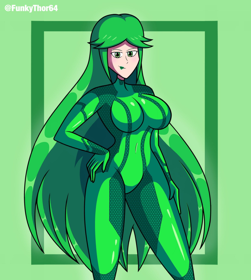 alternate_costume bodysuit breasts female female_only funkythor64 green_bodysuit green_eyes green_hair green_lips green_lipstick kid_icarus long_green_hair long_hair looking_at_viewer metroid nintendo palutena solo zero_suit zero_suit_samus_(cosplay)