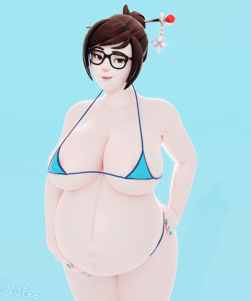 1girls 3d big_breasts bikini blue_nails breasts female female_only fingernails glasses hdddestroyer looking_at_viewer mei_(overwatch) nail_polish overwatch pregnant smirk