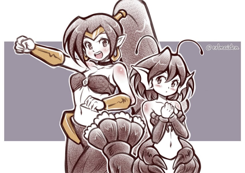 2d 2girls breasts clothed clothing female female_focus female_only half-genie highres lobster_siren long_hair long_ponytail looking_at_viewer merfolk octoppoi open_mouth pointy_ears ponytail shantae shantae_(character) shantae_and_the_seven_sirens short_hair siren smile smooth_skin tagme thaumana thighs twitter_username wayforward