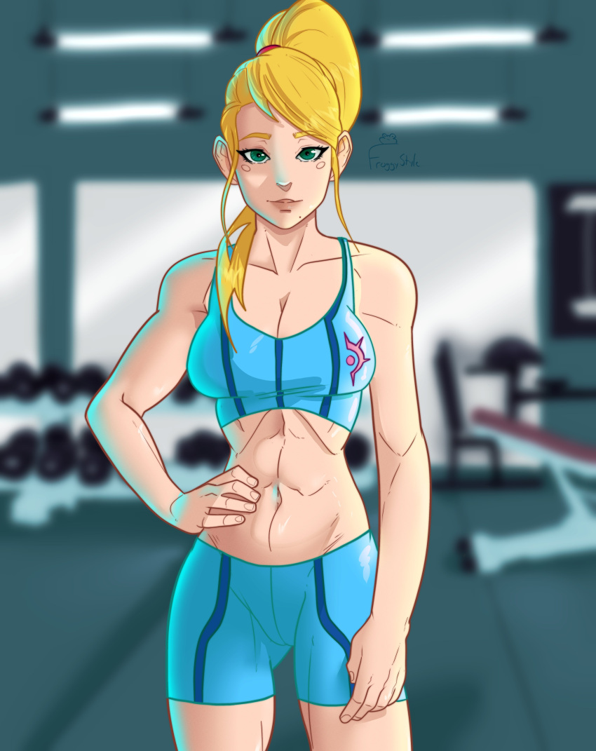 1girls 2022 absurd_res blonde_hair blurry_background female female_only fit fit_female froggystyle green_eyes gym high_ponytail long_hair looking_at_viewer metroid muscular nintendo petite ponytail samus_aran seductive_look smiling smiling_at_viewer solo sportswear three-quarter_portrait