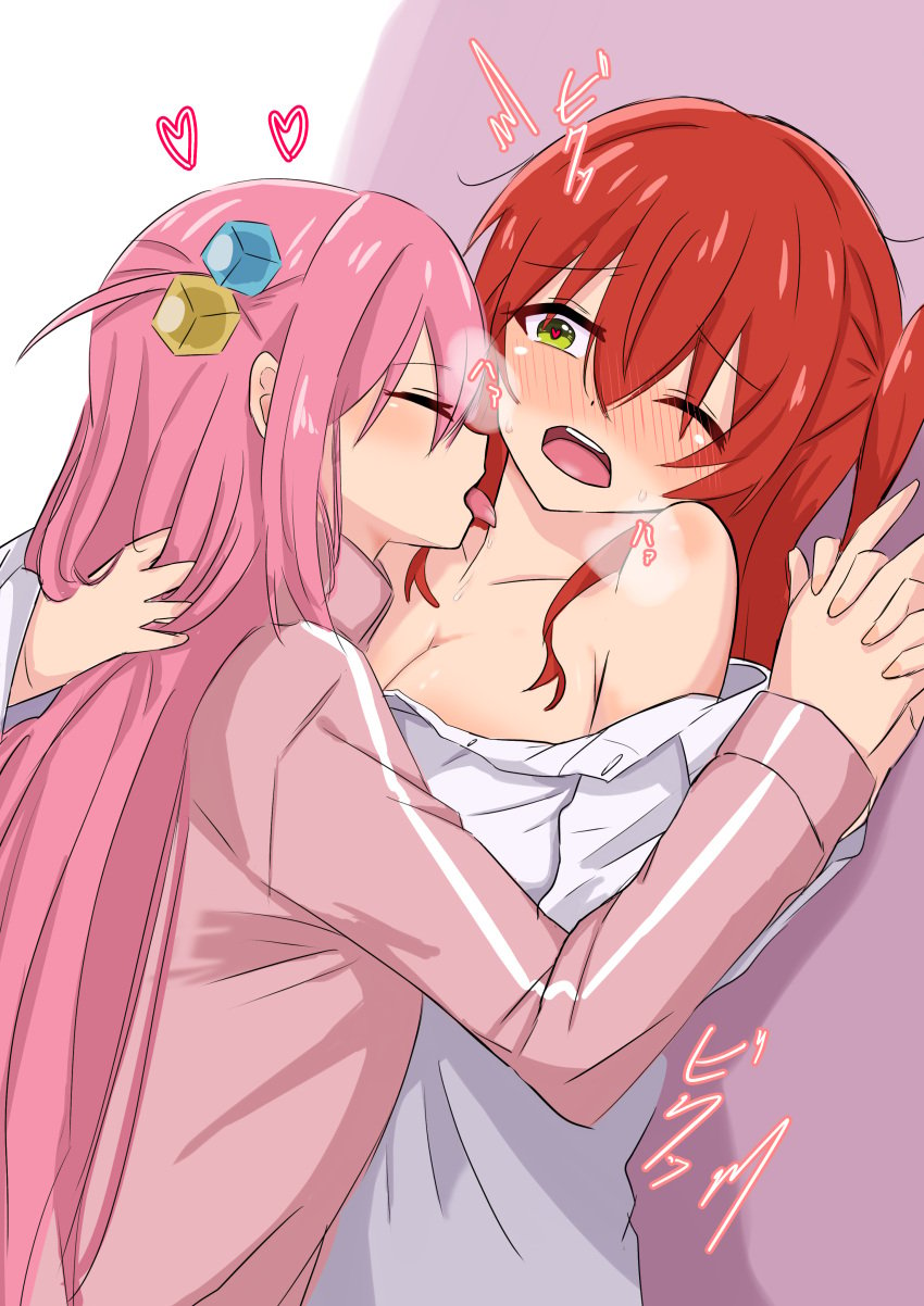 2girls blush bocchi_the_rock! breasts gotou_hitori green_eyes heart heart-shaped_pupils hoshina_hoshi7 interlocked_fingers kita_ikuyo licking licking_neck one_eye_closed pink_hair red_hair visible_breath yuri