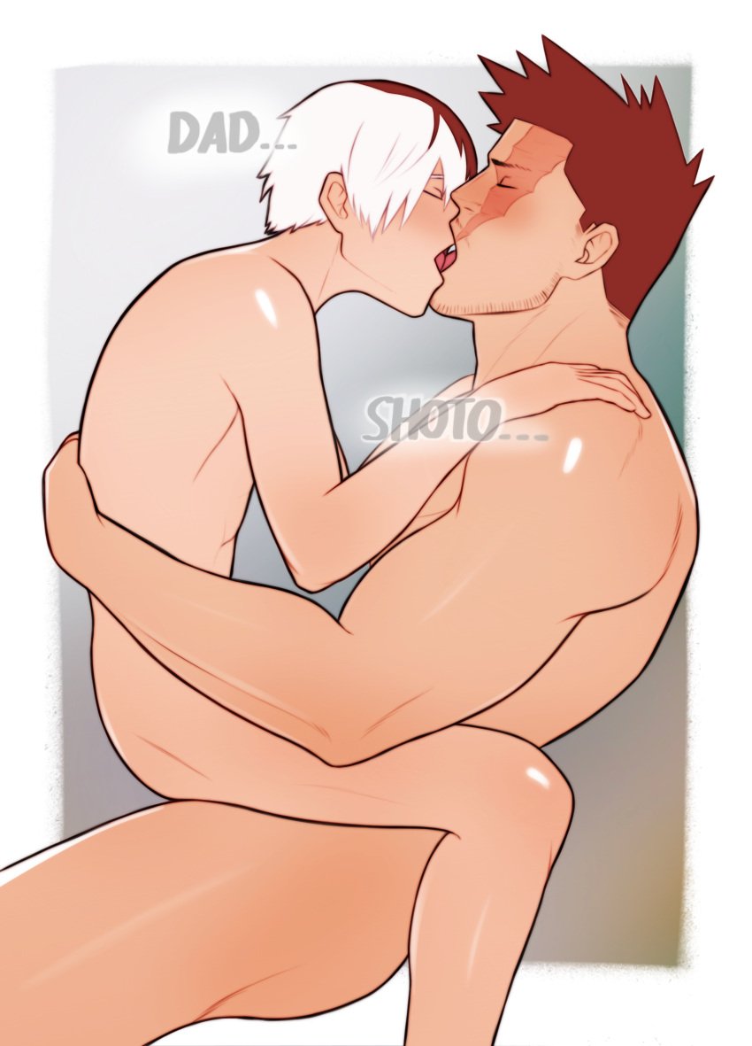 2boys age_difference bara biceps blush closed_eyes completely_nude dilf endeavor_(my_hero_academia) enji_todoroki father_and_child father_and_son father_penetrating_son gay gay_incest incest kissing male_only mature_male muscular_male my_hero_academia naked naughtydads nude older_man_and_younger_boy on_lap red_hair scar shouto_todoroki sitting_on_lap size_difference tongue_kiss white_hair yaoi