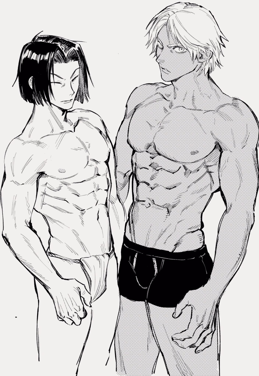 1000kcal 2boys closed_eyes dark_hair fundoshi height_difference himuro_ryo kaneda_suekichi kengan_(series) kengan_ashura looking_at_viewer male male_only monochrome muscular muscular_male screentone tan_skin toned toned_male topless topless_male underwear yaoi