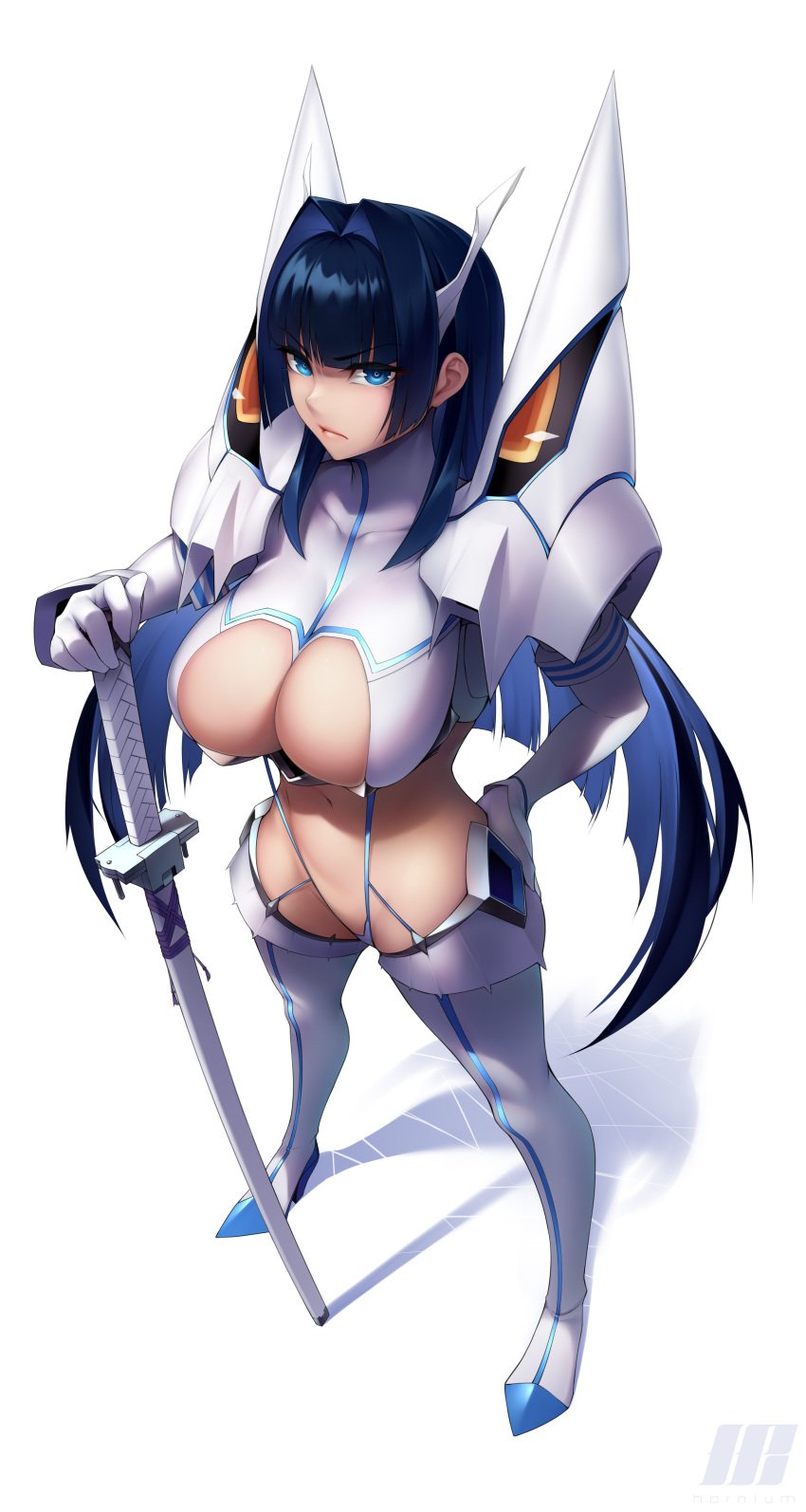 1girls absurd_res absurdres arm_length_gloves armor asymmetrical_hair bangs big_breasts blue_eyes blue_hair breasts busty cleavage clothed clothed_female clothing crossover female female_focus female_only full_body gloves hand_on_hip hand_on_own_hip high_resolution highres hime_cut hips holding_sword holding_weapon hololive hololive_english hololive_english_-council- hololive_english_-promise- junketsu junketsu_(cosplay) kill_la_kill kiryuuin_satsuki_(cosplay) large_breasts legs light-skinned_female light_skin long_hair looking_at_viewer navel ouro_kronii plain_background revealing_armor revealing_clothes shadow simple_background skimpy skimpy_armor skimpy_clothes solo solo_female solo_focus standing stomach sword thick_thighs thighhigh_boots thighs unconvincing_armor very_high_resolution virtual_youtuber vtuber weapon white_armor white_background white_gloves wide_hips