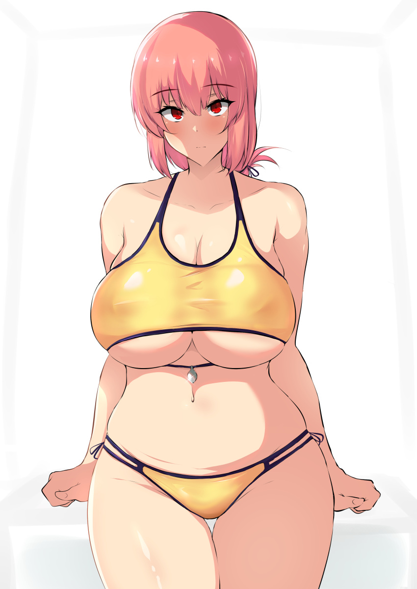 2020 absurdres arm_support bangs bare_shoulders bikini blush breasts cleavage closed_mouth curvy fate/grand_order fate_(series) female florence_nightingale_(chaldea_lifesavers)_(fate) florence_nightingale_(fate) hair_between_eyes highres huge_breasts low_tied_hair mon_(manarestra) navel pink_hair red_eyes skindentation solo swimsuit thick_thighs thighs underboob yellow_bikini