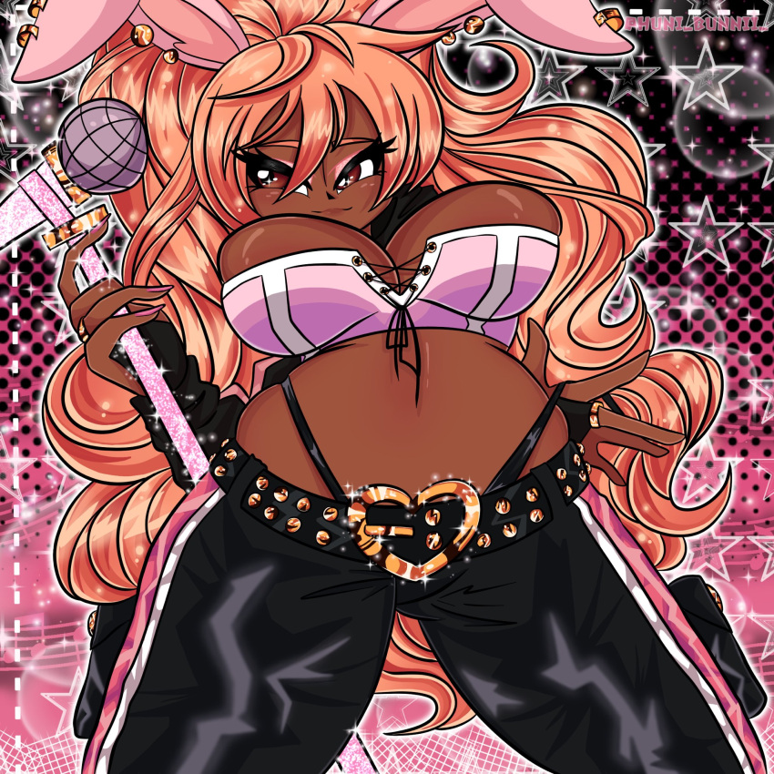 background below_view belt breasts brown_eyes bunny_ears buny detailed earrings female friday_night_funkin gold_hair hand_in_thong heart_belt hunni_(hunnibunnii) hunnibunnii microphone microphone_stand pink_and_black_sweater pink_clothing pink_nails pockets ring_on_finger star_background stars thong_above_pants thong_straps