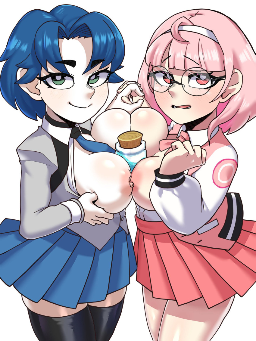 2girls blue_hair breast_press breasts female female_only glasses green_eyes holding_hands looking_at_viewer multiple_girls nervous nipples original_character original_characters painting_fish pale-skinned_female pale_skin pink_eyes pink_hair school_uniform schoolgirl skirt smile thick_thighs thighhighs tie white_background