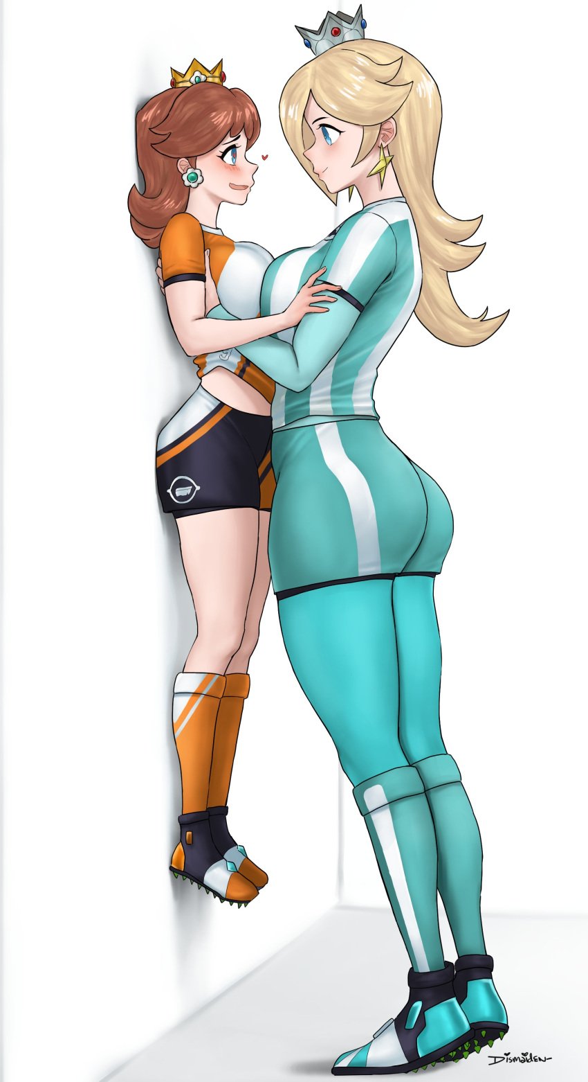 2girls against_wall ass assertive_female big_breasts blonde blonde_hair blue_eyes blushing blushing_at_another bodysuit breast_press breasts_to_breasts brown_hair brunette clothed clothing crown cyan_eyes dismaiden earrings eye_contact female female_only heart horny_female how_to_talk_to_short_people imminent_yuri jpeg large_ass large_breasts larger_female lifted lifting_person light-skinned_female long_hair mario_(series) mario_strikers meme nintendo open_mouth princess princess_daisy princess_rosalina royalty size_difference skin_tight smaller_female soccer_uniform sportswear tight_clothing white_background wholesome yuri