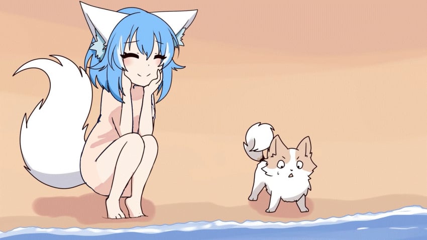 baby_blue_hair beach big_tail blue_hair blush curled_tail cute dog edit fluffy_tail hands_on_cheeks happy light_blue_hair mochi_(wolfychu) nude_female pet pomeranian sea skinny_girl startled tail virtual_youtuber waves white_tail wholesome wolf_girl wolfychu youtube youtuber