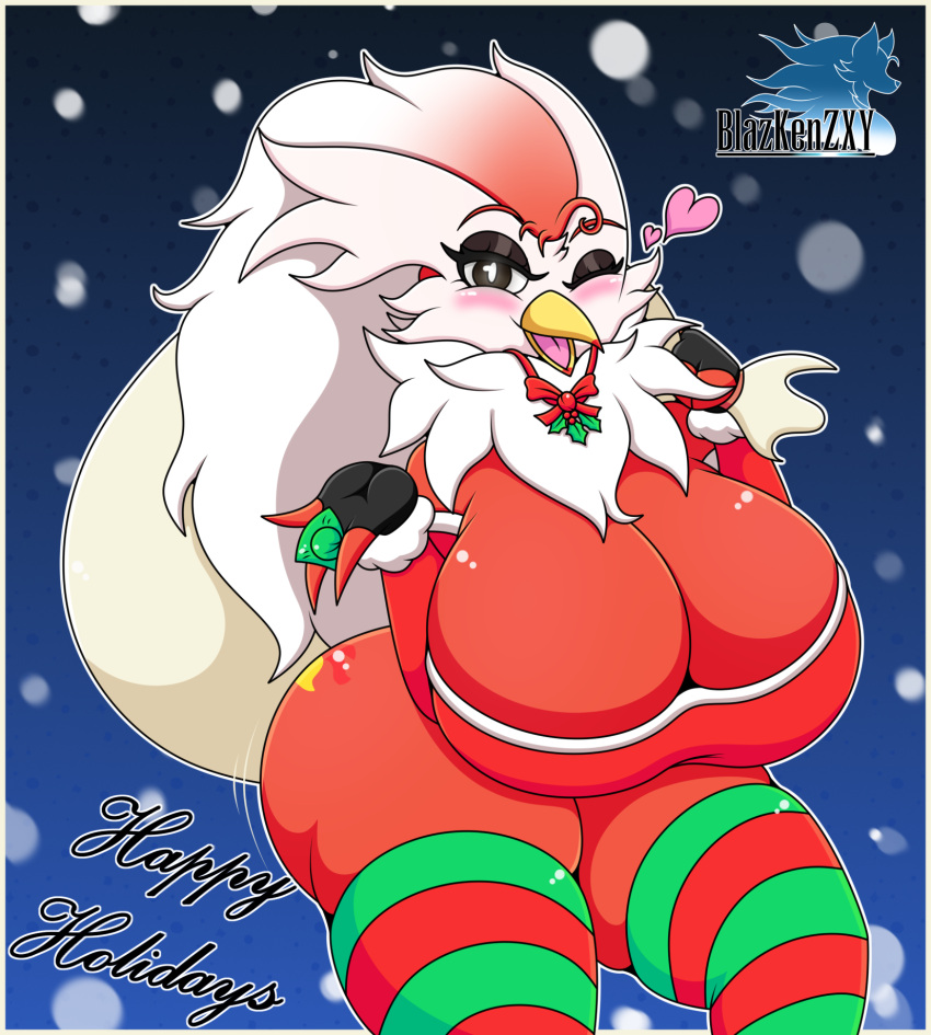 2022 anthro avian big_butt black_eyes blazkenzxy blush christmas condom delibird digital_drawing_(artwork) digital_media_(artwork) english_text feathers female fur generation_2_pokemon heart huge_breasts long_hair looking_at_viewer mistletoe multicolored_fur neck_tuft nintendo open_mouth partially_clothed pokémon_(species) pokemon pokemon_(species) red_fur signature solo text thick_thighs tight_clothing white_fur wink