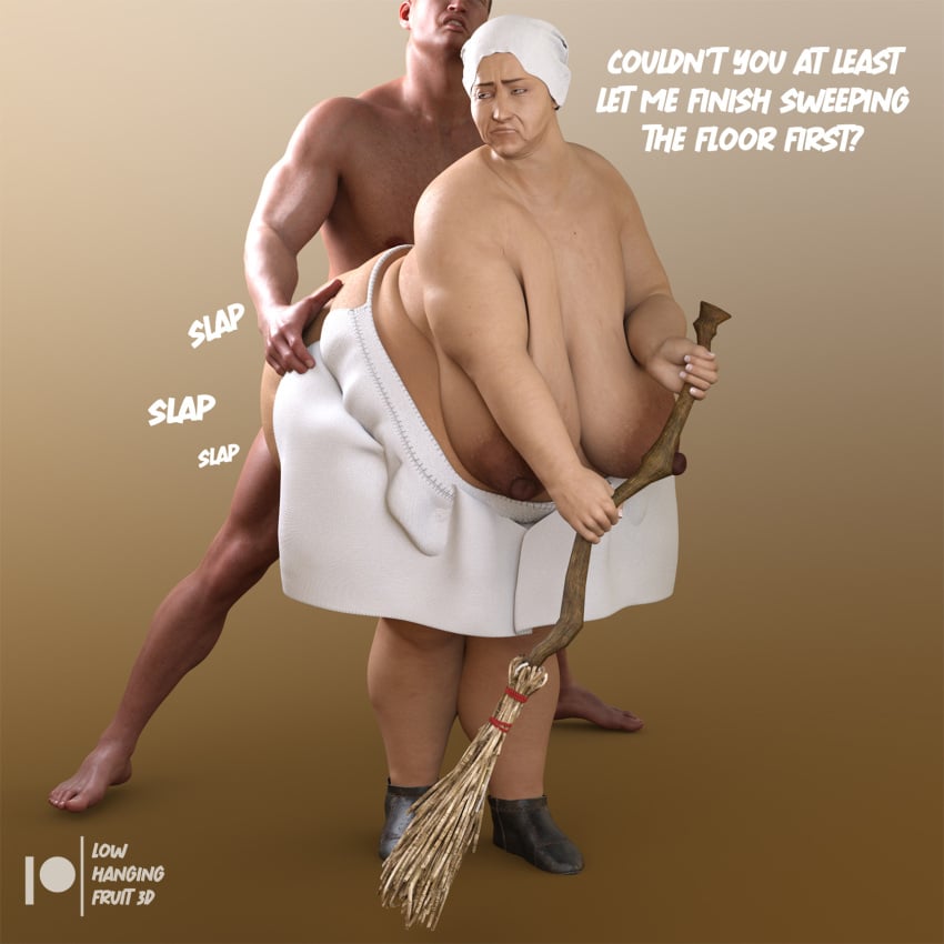 3d 3d_(artwork) apron areolae ass_grab bbw big_ass big_breasts breasts broom cleaning cleaning_tool daz3d daz_studio dialogue fat_ass female gilf granny headscarf hips large_areolae large_ass large_breasts legs looking_at_another lowhangingfruit3d_(artist) male male/female mature_female obese old older_female original_character overweight overweight_female plain_background sex sex_from_behind ssbbw sweeping thick_ass thick_legs thick_thighs thighs vaginal vaginal_penetration