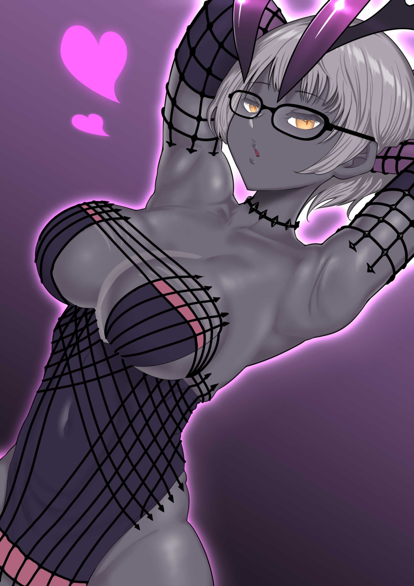 1girls armpits arms_behind_head big_breasts black_glasses breasts choker fate_(series) female female_focus female_only glasses gloves grey_body grey_hair heart hips huge_breasts jacques_de_molay_(foreigner)_(fate) large_breasts looking_at_viewer mabonasu orange_eyes pov_eye_contact purple_background revealing_clothes short_hair simple_background solo solo_female solo_focus very_short_hair