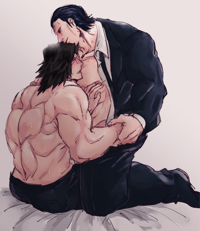 2boys back_muscles bara beefy black_hair blush business_suit glasgow_smile hair_slicked_back hickey hickey_marks kanoh_agito kengan_(series) kengan_ashura kneeling male male_only mouth_scar muscular muscular_male no_eyebrows open_shirt sitting smile suit sweat takayama_minoru topless topless_male wrist_grab yaoi yumori_yamaro