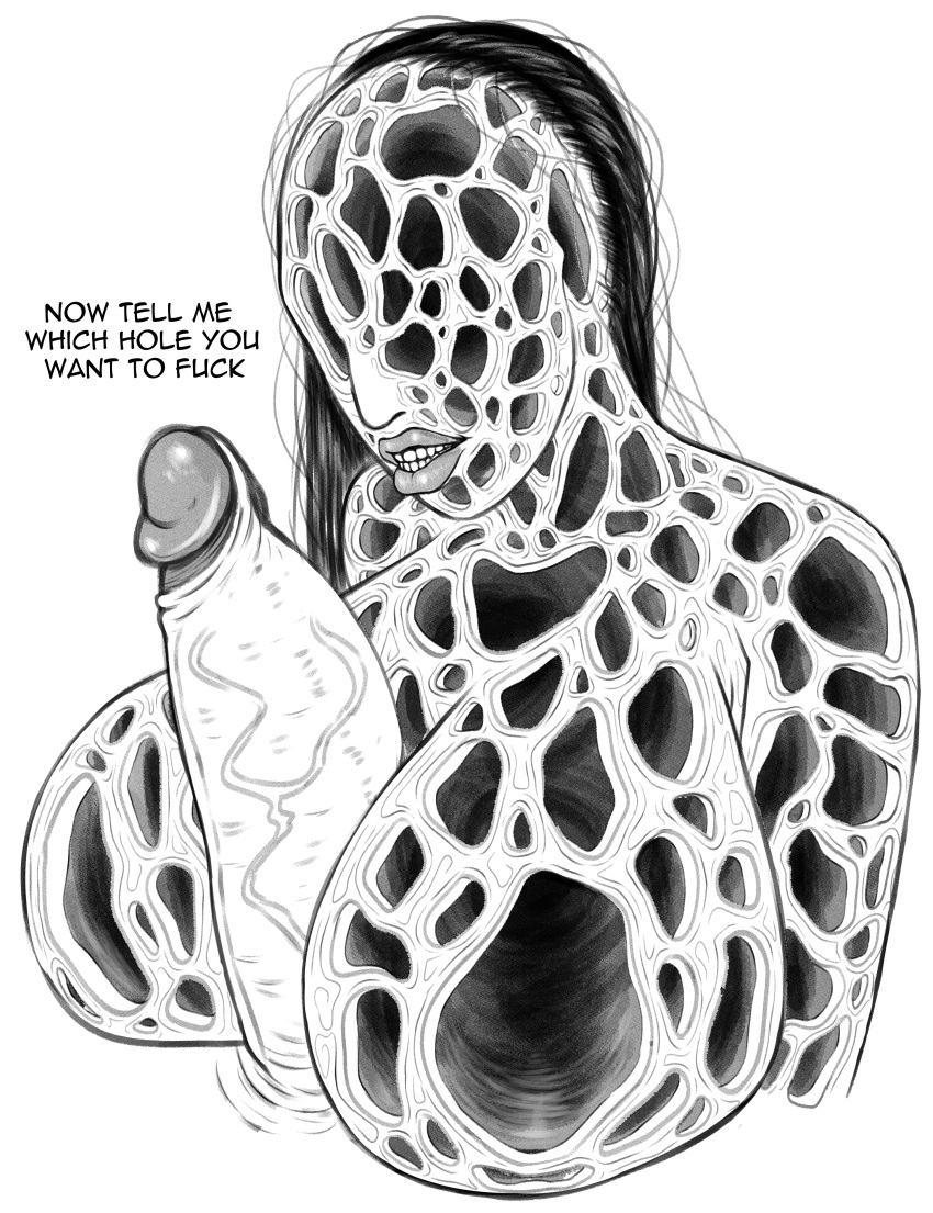 big_breasts big_lips big_penis black_hair body_horror holes large_penis monster monster_girl morelo nightmare_waifu no_eyes penis_between_breasts teeth teratophilia text trypophobia