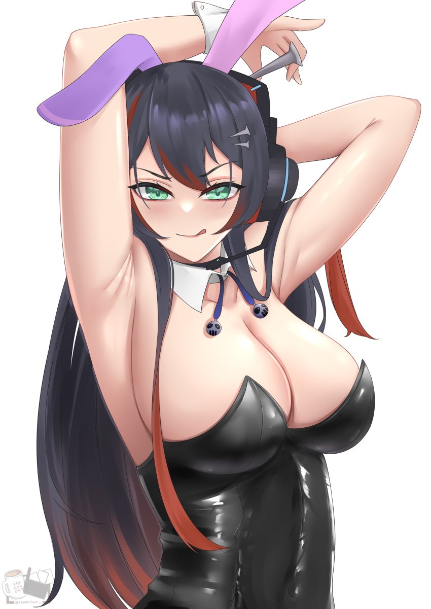 1girls :d armpits arms_above_head arms_up big_breasts black_hair blush bunny_ears bunnysuit cleavage detached_collar green_eyes hair_over_shoulder headgear headphones hi_res highres licking_lips looking_at_viewer mika_melatika nail nail_on_head nijisanji nijisanji_indonesia red_eyeliner red_hair shinoillust solo solo_female solo_focus virtual_youtuber white_background wrist_cuffs