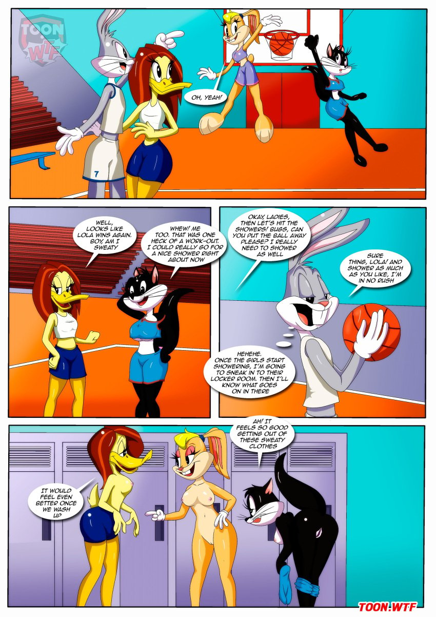 1boy 3girls animal_ears anthro basketball_court bbmbbf breasts bugs_bunny comic crop_top english_text locker_room lola_bunny looney_tunes nude_female palcomix penelope_pussycat shorts tagme tail the_looney_tunes_show tina_russo underboob undressing warner_brothers what_goes_on_in_the_girls'_locker_room_(comic)