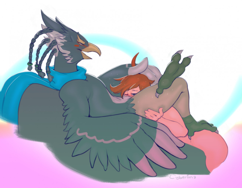 anthro anthro_penetrating anthro_penetrating_human ass avian big_butt big_dom_small_sub black_body black_fur blush bodily_fluids braided_hair breath_of_the_wild brown_hair cybertuna dominant dominant_anthro dominant_male duo eyeliner facial_markings feathers foot_on_butt fur hair head_markings head_on_hand human human_on_anthro human_penetrated interspecies larger_anthro larger_male lying makeup male male/male mammal markings multicolored_body multicolored_fur muscular muscular_anthro muscular_male nintendo nude open_mouth oral oral_penetration penetration revali rito scarf sex signature size_difference smaller_human smaller_male smaller_penetrated submissive submissive_human submissive_male sweat talons the_legend_of_zelda white_body white_fur winged_arms wings