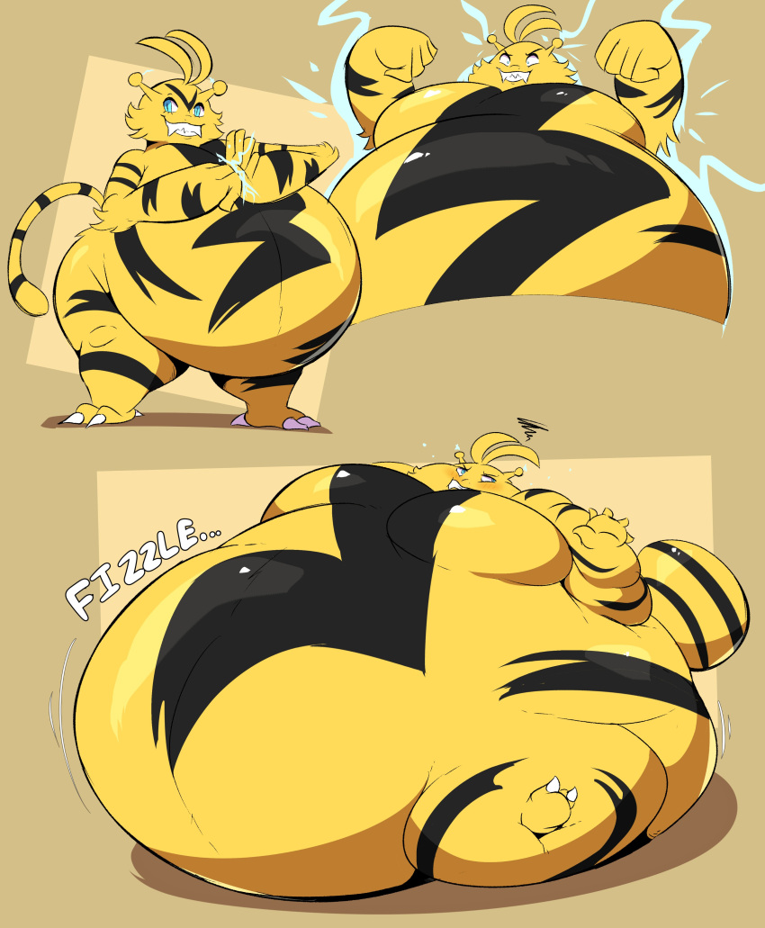 ambiguous_gender antennae anthro bbw belly big_belly big_breasts breast_expansion breasts chubby claws dizzy electabuzz electric_inflation electricity electricity_manipulation expansion expansion_sequence fangs fat_arms fat_belly fat_folds fat_legs fat_rolls fat_tail featureless_breasts full_body_inflation fur furry huge_belly immobile inflated_tail inflation inflation_fetish markings nintendo onomatopoeia overcharged overweight pokémon_(species) pokemon round_body sharp_teeth sparks spherical_inflation ssbbw stripes sunken_head sunken_limbs tail thick_legs too_big_to_move veryfilthything weight_gain what