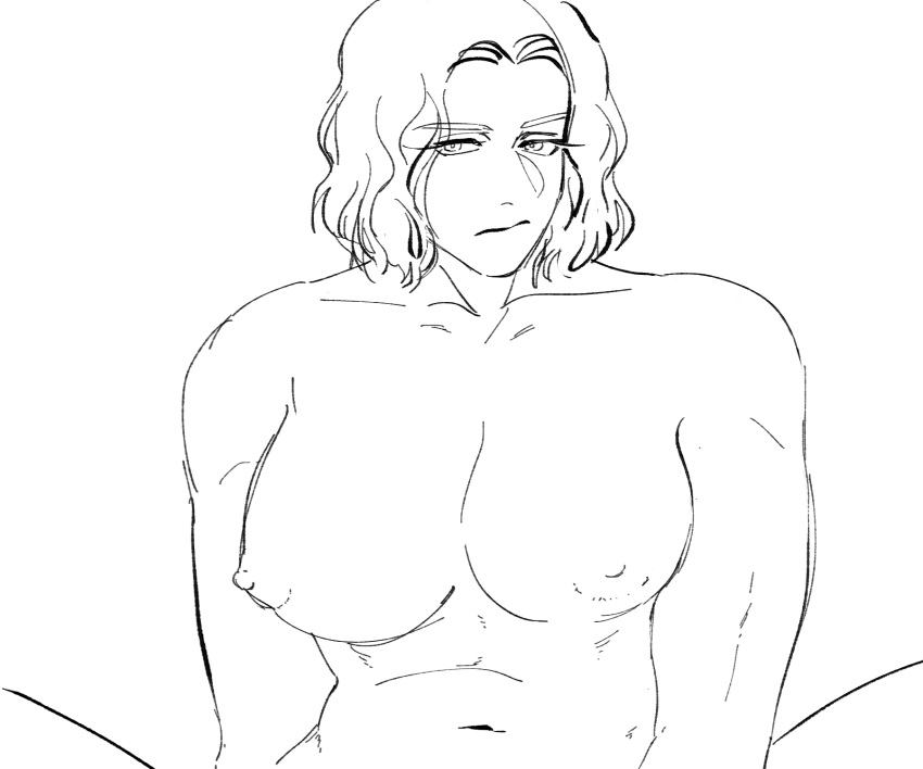 big_breasts expressionless female female_only frown genderswap_(mtf) kengan_(series) kengan_ashura looking_at_viewer mahuri medium_hair mokichi_robinson monochrome muscular muscular_female nude rough_sketch rule_63 sketch solo wavy_hair