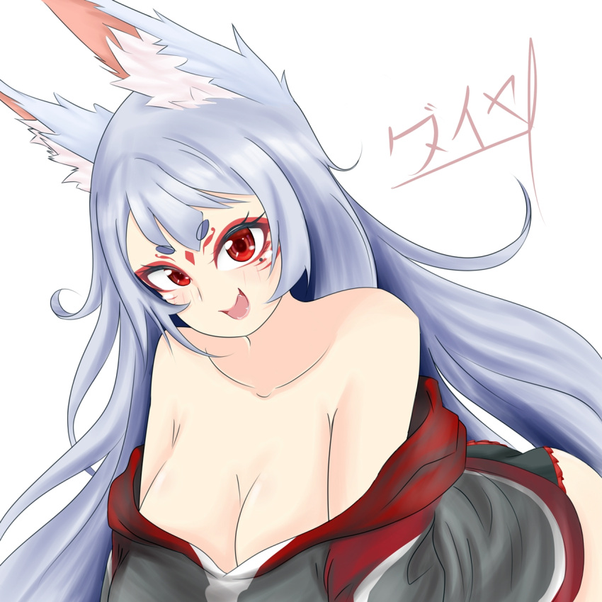 1girls animal_ears bare_shoulders big_breasts braless cleavage diamonds_pv dress_down exposed_shoulders fluffy_ears fox_ears fox_girl kimono_down mole mole_under_eye nijisanji nijisanji_en nina_kosaka no_bra no_pants panties red_eyeliner red_eyes red_eyeshadow silver_hair solo solo_female solo_focus virtual_youtuber