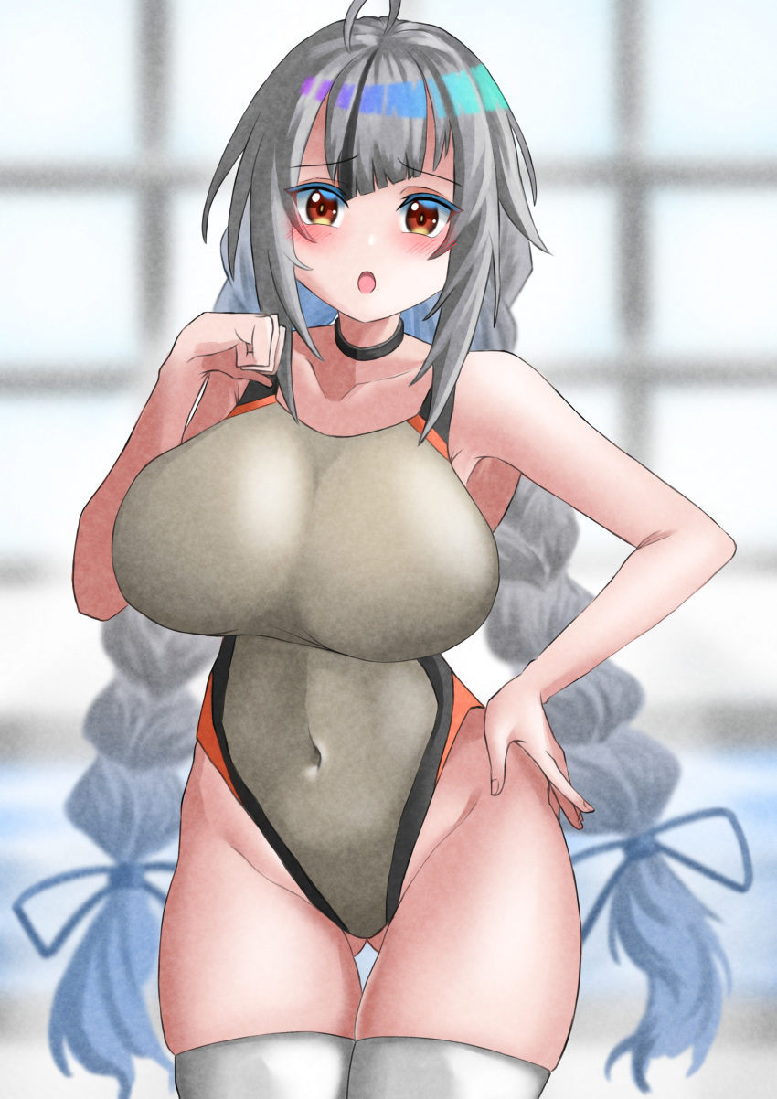 1girls :o ahoge ass_visible_through_thighs bare_shoulders belly_button big_braid big_breasts blush braided_hair choker collar exposed_shoulders female gray_hair grey_hair hi_res highres legwear light-skinned_female light_skin navel nijisanji nijisanji_indonesia o_face one-piece_swimsuit one_piece_swimsuit red_eyes shinkardia silver_hair solo stockings swimsuit thick_thighs thighhighs thighs twin_braids virtual_youtuber xia_ekavira