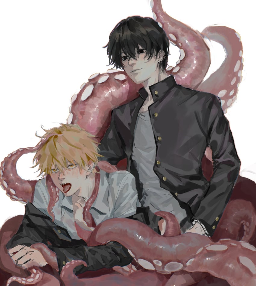 2boys ahe_gao anal black_eyes black_hair blonde_hair chainsaw_man clothed clothed_sex clothing denji_(chainsaw_man) ear_piercing earrings gay hirofumi_yoshida human male/male male_only male_penetrating piercing piercings school_uniform sharp_teeth smirk tentacle tentacles tongue_out uniform yaoi yellow_eyes