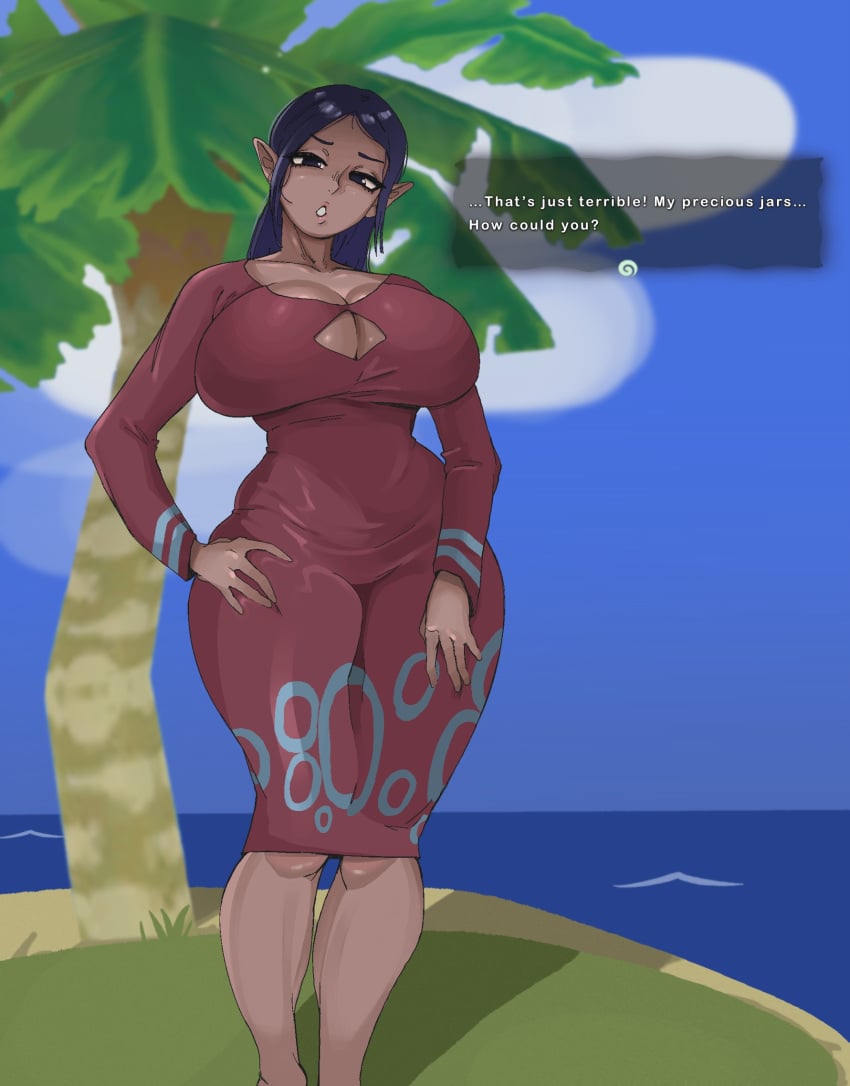 1girls 2koma angry background big_breasts black_eyes blue_hair boob_window cleavage cleavage_cutout dress english_text grass hands_on_hips large_breasts long_sleeves milf nintendo ocean palm_tree ponytail pouting prostitution sue-belle sue_belle sunzo05 taller_girl tan_body text the_legend_of_zelda the_wind_waker tight_clothing wide_hips wind_waker