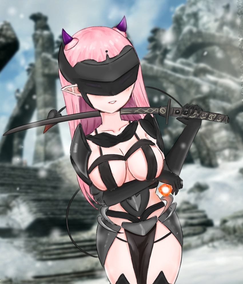 1girls airi00100 bethesda_softworks bikini_armor blade covered_eyes demon_girl demon_horns demon_tail female female_only fireball horns katana light-skinned_female light_skin magic outside pink_hair pointy_ears production_kawaii reina_sun_(vtuber) skyrim snow solo sword tail the_elder_scrolls virtual_youtuber weapon