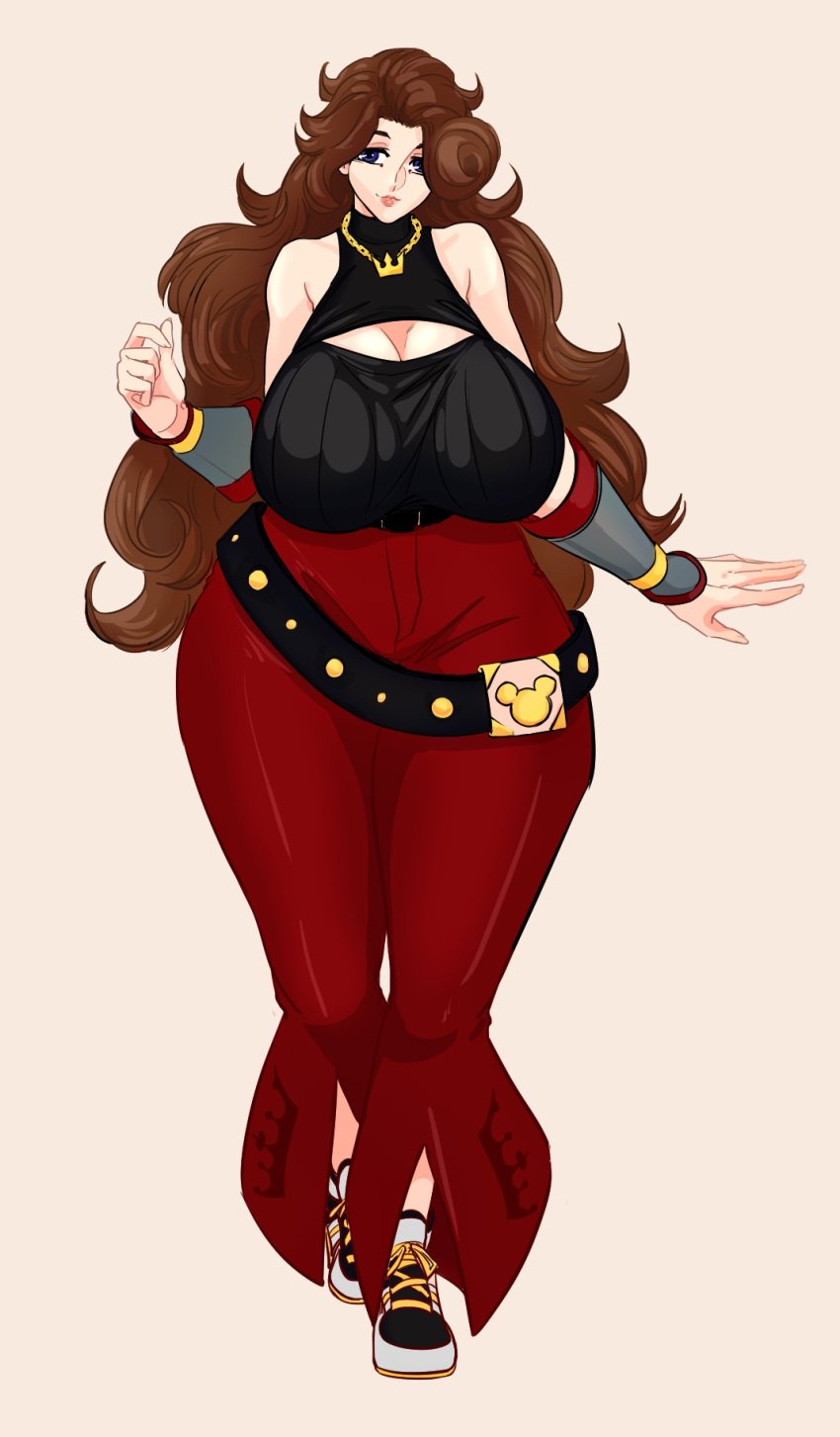 bell_bottoms_(pants) blue_eyes brown_hair curly_hair curvaceous droopy_eyes fluffy_hair full_body high_heel_sneakers huge_breasts keyhole_turtleneck kingdom_hearts long_hair loose_belt mickey_mouse_symbol milf mom_jeans necklace nekokat42 original_character pear_shaped plump sleeveless sweater thick_thighs wide_hips wrist_cuffs