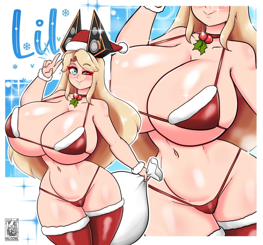 breasts christmas christmas_bikini haloowl huge_breasts lily_(haloowl) original tagme thighs