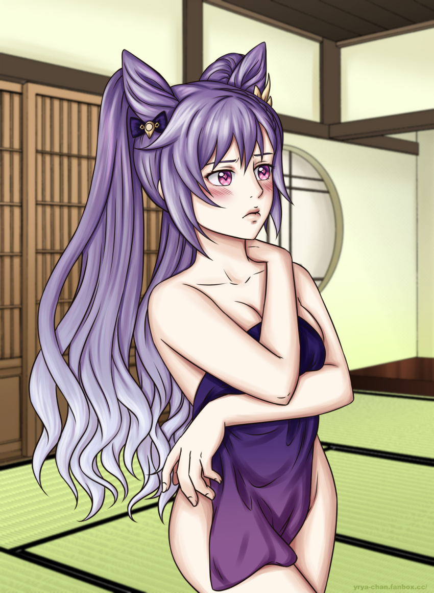 blush functionally_nude_female genshin_impact keqing_(genshin_impact) towel_only twintails yrya-chan