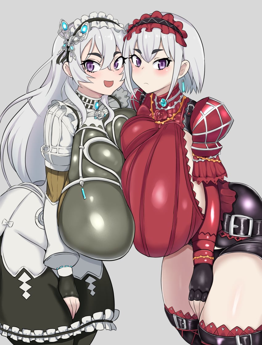 2girls big_breasts blush breast_to_breast breasts chaika_bogdan chaika_trabant clothed_female_nude_male eye_contact female female_only fully_clothed grey_hair hitsugi_no_chaika huge_breasts light-skinned_female light_skin long_hair looking_at_viewer mokuren5 purple_eyes short_hair