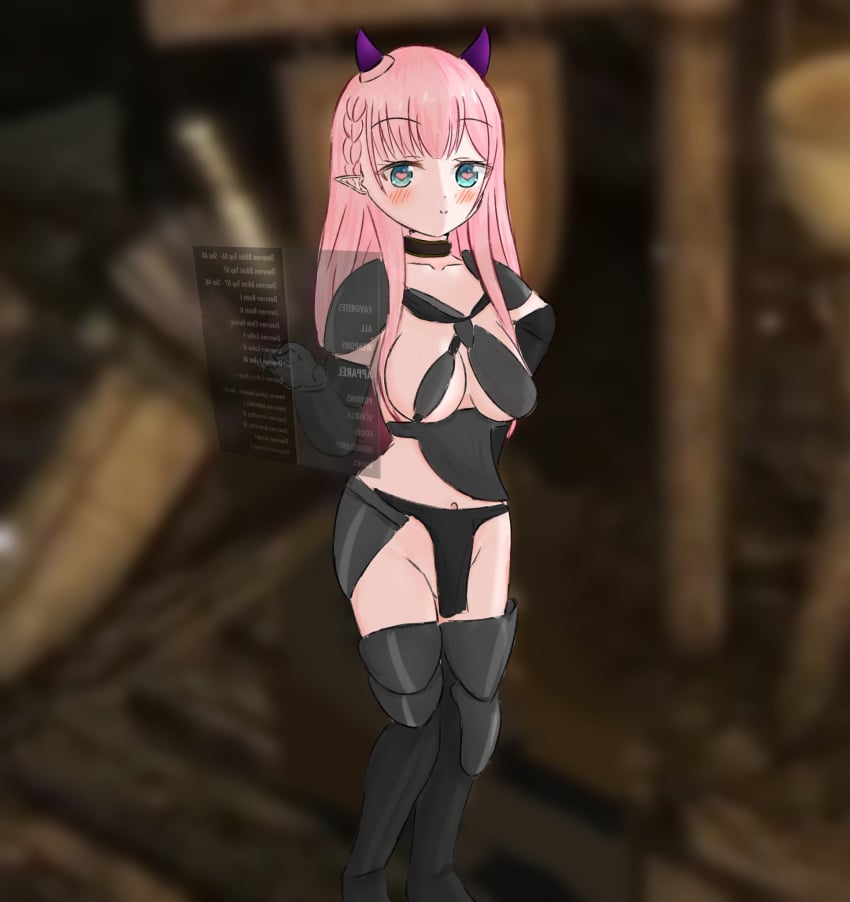 1girls airi00100 bethesda_softworks bikini_armor blue_eyes demon_girl demon_horns eyebrows_visible_through_hair female female_only gameplay_mechanics heart-shaped_pupils horns light-skinned_female light_skin menu pink_hair pointy_ears production_kawaii reina_sun_(vtuber) skyrim solo symbol-shaped_pupils the_elder_scrolls virtual_youtuber