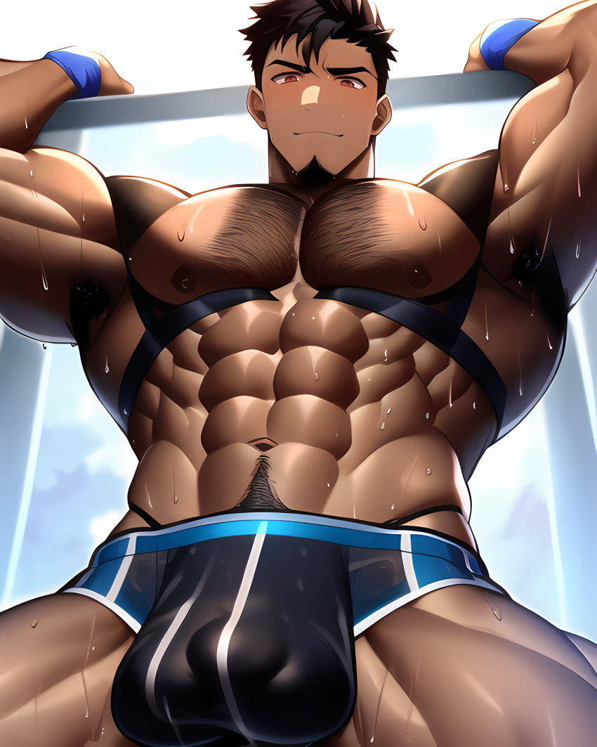 1boy 1human 1male 1man abs ai_generated arm_up bara bara_tiddies bara_tits biceps big_arms big_muscles black_hair bulge bulge_through_clothing dark-skinned_male dark_skin large_pecs large_pectorals looking_down male male_focus male_nipples male_only man man_boobs man_breasts man_tits manly masculine masculine_male muscle muscles muscular muscular_arms navel nipples pecs pectorals sweat sweating underwear underwear_only wet wet_body wet_skin