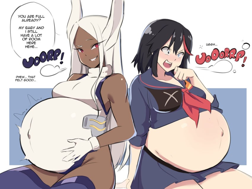 2girls belching big_belly big_breasts black_hair bloated bloated_belly bunny_ears burping chocolate_and_vanilla clothed clothing crossover dark_skin elpacha2 female female_only gassy indigestion kill_la_kill long_hair matoi_ryuuko miruko my_hero_academia navel outie_navel pregnancy_cravings pregnant red_eyes rumi_usagiyama short_hair stuffed stuffed_belly white_hair