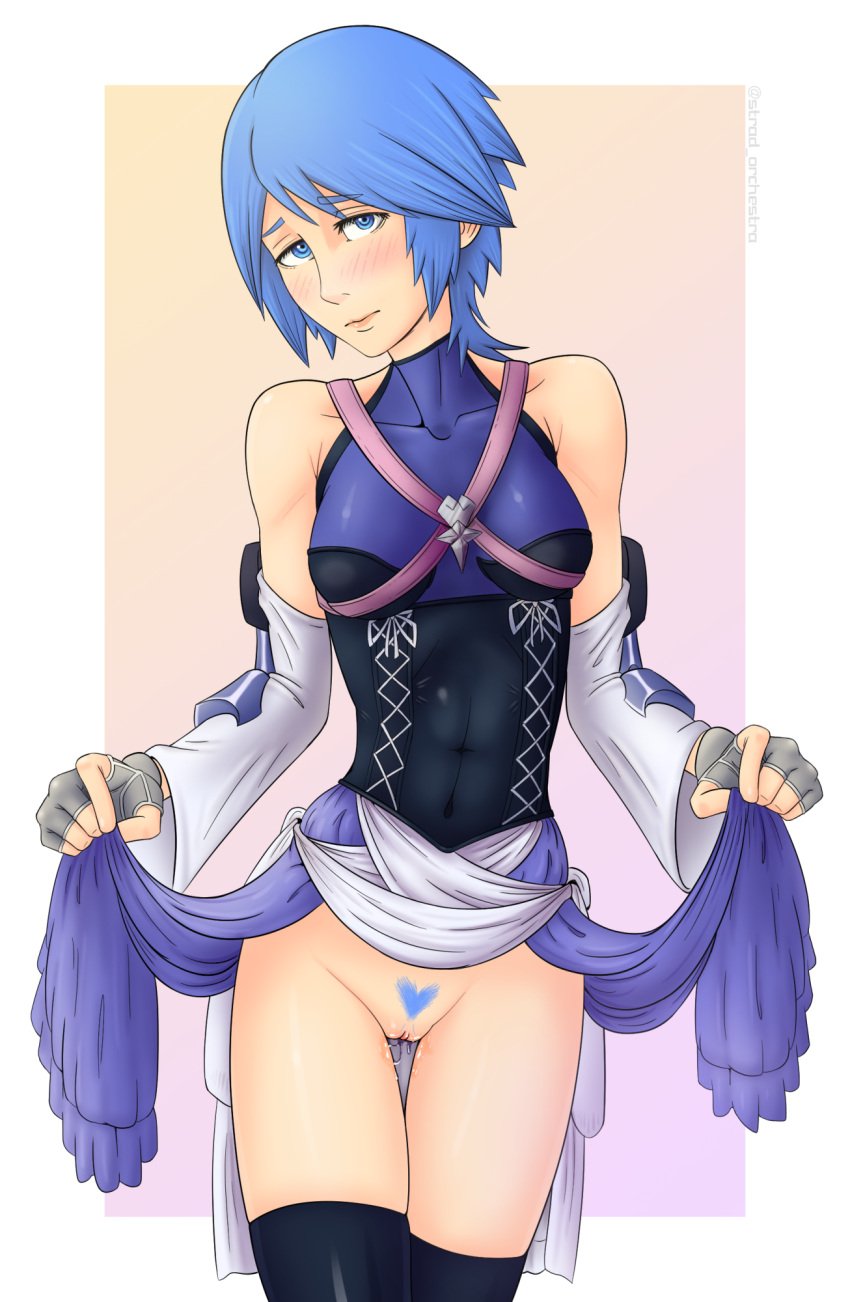 aqua_(kingdom_hearts) blue_eyes blue_hair corset flashing kingdom_hearts lifting_skirt looking_at_viewer pubic_hair sole_female stockings stradivarius