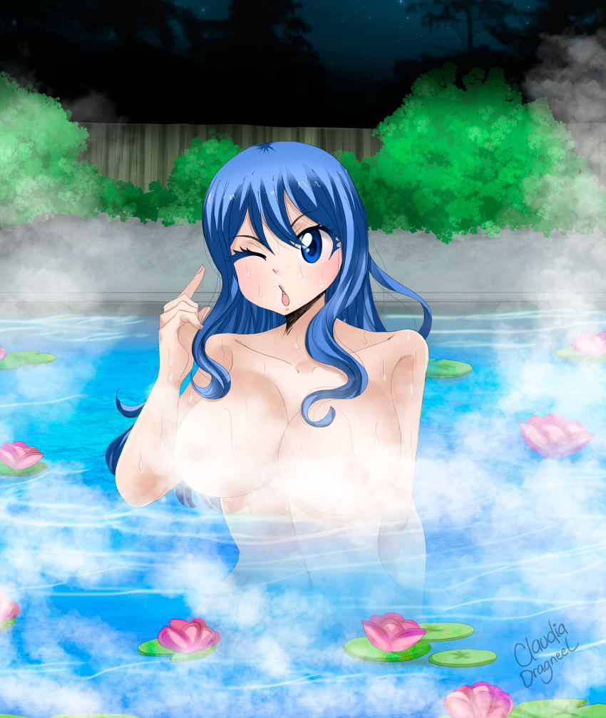 claudia_dragneel convenient_censoring fairy_tail hot_spring juvia_lockser lily_(flower) lily_pad nude_female standing_in_water steam wet