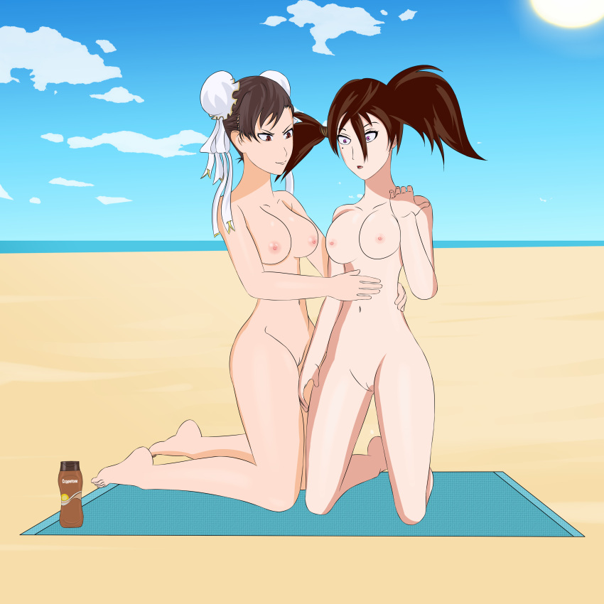 2girls anoneysnufftan applying_sunscreen asymmetrical_hair beach breasts brown_hair chun-li coppertone crossover defeated defeated_villainess edasbild embarrassed embarrassed_nude_female female female_only hair_ornament humiliation imminent_death killer_lotion kneeling massage multiple_girls murder nipples nude ocean outdoors outside peril pink_eyes punishment pussy rubbing sand seaside sitting sky snuff soul_calibur street_fighter summer sunbathing tira towel