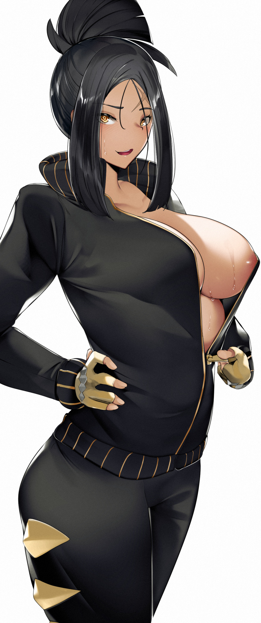 1girls areolae black_hair breasts dendra_(pokemon) female hand_on_hip large_breasts light-skinned_female light_skin long_hair naughty_face nintendo nipples png pokemon pokemon_sv tracksuit unzipped_jacket yuuyuu_(yuuki1771)