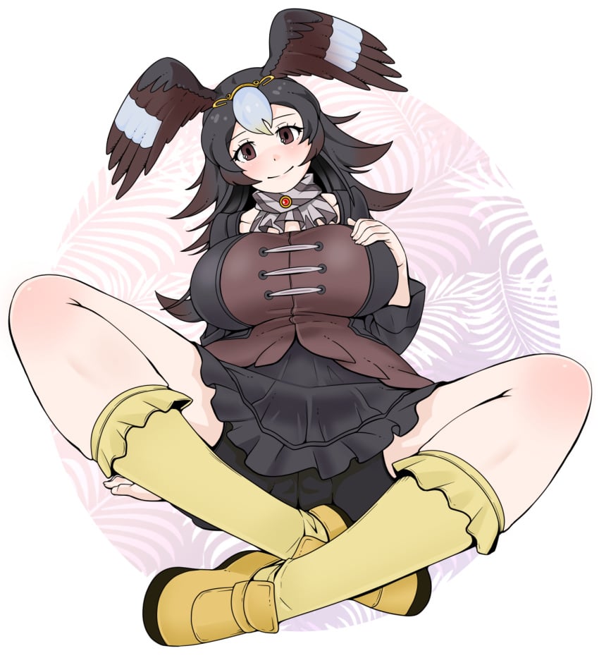 1girls 2022 animal_ears big_breasts black_hair booth_tomato brown_eyes clothed clothing female female_only fully_clothed huge_breasts humanoid kemono_friends kemonomimi light-skinned_female light_skin long_hair looking_at_viewer pattern_background shorts sitting solo spread_legs striated_caracara_(kemono_friends) white_background