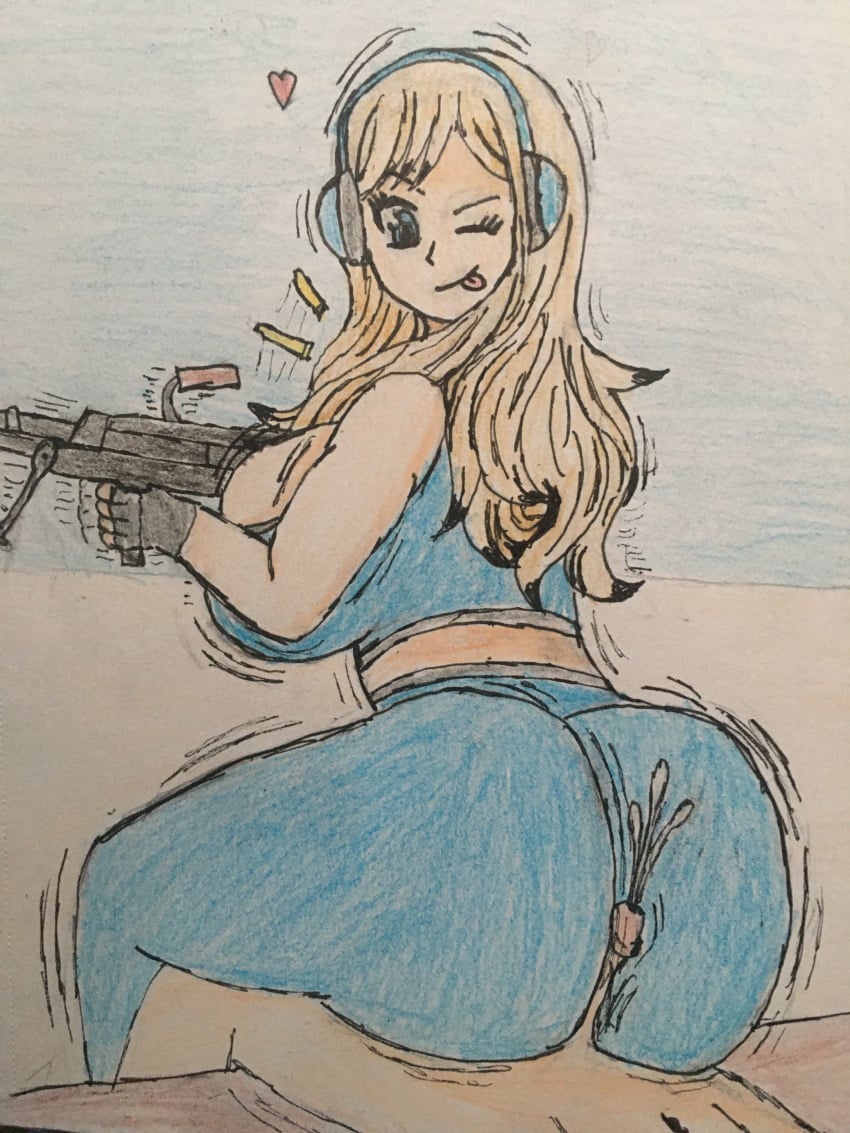 1boy 1girls 2d assjob big_ass big_breasts buttjob color colored covered_buttjob cum edens_zero ejaculation elf_orc_lunaire female firearm gun happy_sex huge_ass huge_breasts jiggle light_machine_gun male playful rebecca_bluegarden recoil recoil_butt rifle sitting_on_lap small_penis smile sports_bra sportswear tagme traditional_media_(artwork) wiggle_lines wink yoga_pants