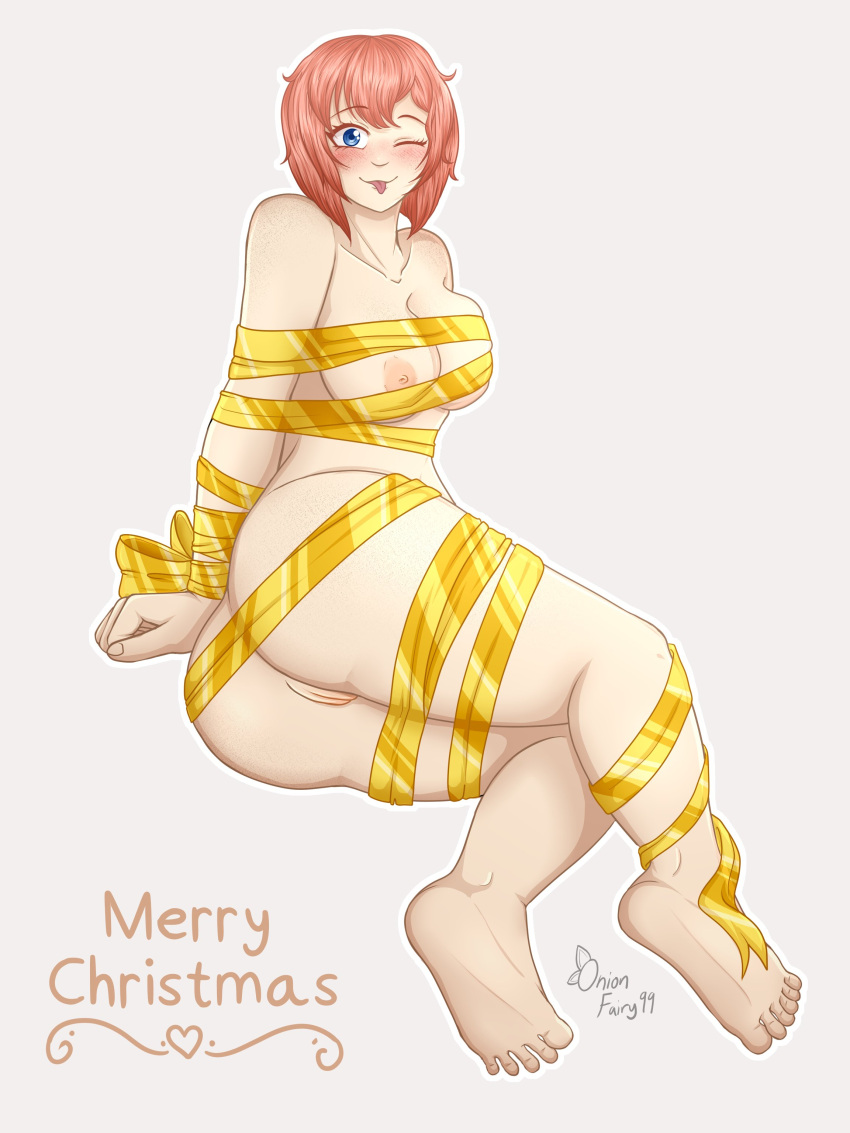 :p adorable blue_eyes blush bondage bow christmas cute doki_doki_literature_club freckles just_sayori looking_at_viewer naked nude one_eye_closed onionfairy99 onionfairylewds orange_hair ribbon ribbon_bondage sayori_(doki_doki_literature_club) tied_hands tied_up tongue tongue_out wink winking winking_at_viewer wrapped_up yellow_bow yellow_ribbon