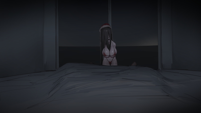 bed bedroom bikini black_hair curvaceous female female_only ghost_girl huge_breasts long_hair santa_hat shikisokuzeku76 string_bikini the_ring yamamura_sadako