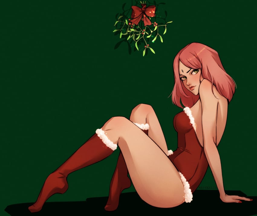 1girls ass bare_arms bare_shoulders bare_thighs boruto:_naruto_next_generations christmas christmas_dress christmas_outfit dress feet feet_up female female_focus female_only forehead_jewel forehead_mark green_eyes hi_res high_resolution highres holidays kneehighs kneesocks legs_up light-skinned_female light_skin lingerie lips lipstick looking_at_viewer makeup mature mature_female mayskalih medium_hair milf mistletoe nail_polish naruto naruto_(series) on_side painted_nails pale-skinned_female pale_skin petite pink_hair pink_lips pink_lipstick pinup pose posing red_nail_polish red_nails red_socks sakura_haruno santa_costume short_dress shoulder_length_hair shounen_jump side_view sitting sleeveless sleeveless_dress small_breasts socks solo solo_female solo_focus thick_thighs thighs tiptoes underwear