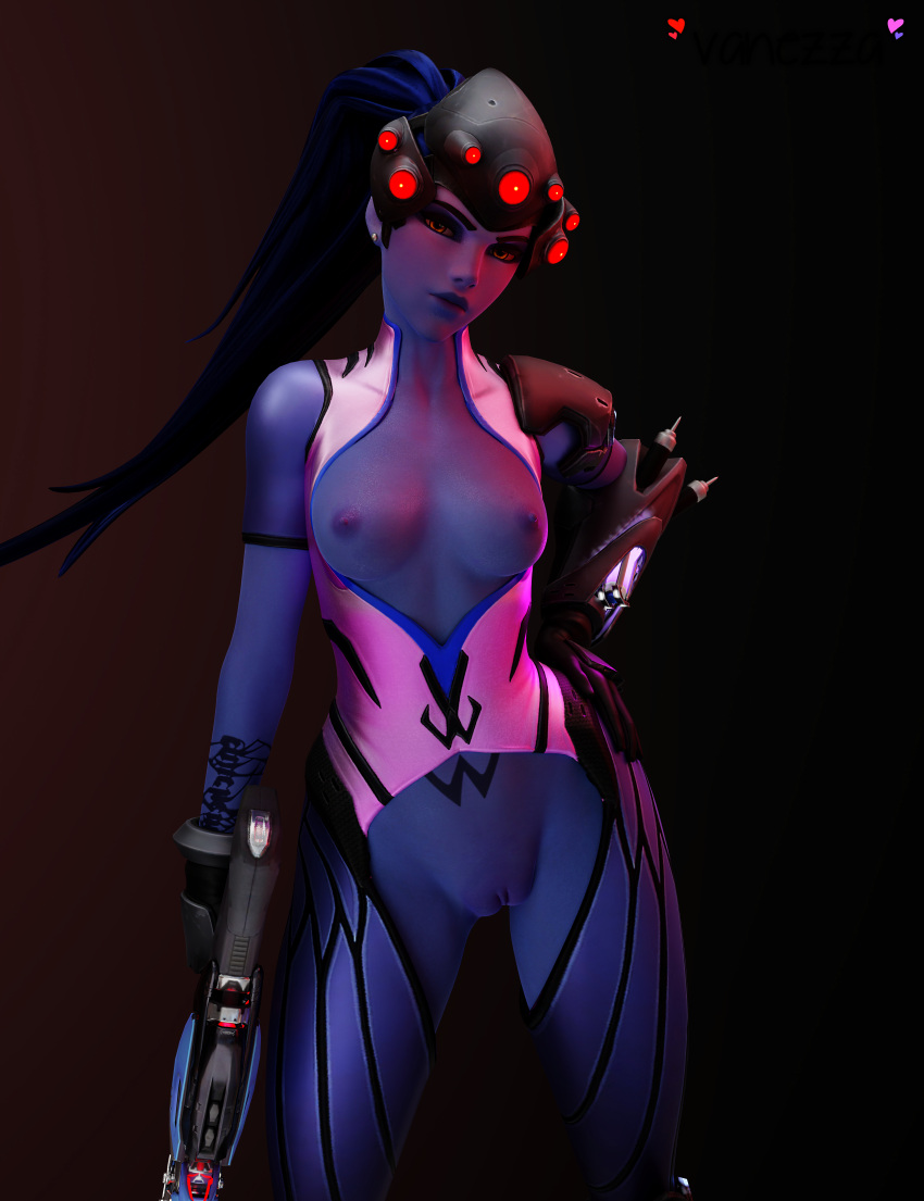 1girls 3d breasts erect_nipples female hi_res naked overwatch portrait purple_skin solo solo_focus vanezza widowmaker