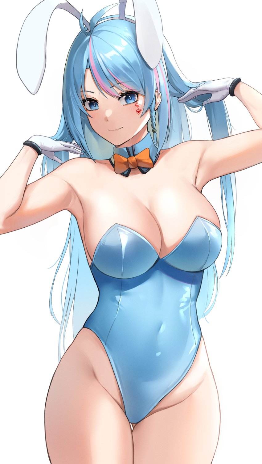 1girls ahoge armpits azura_cecillia bare_shoulders big_breasts blue_eyes blue_hair bowtie bunny_ears bunny_ears_headband bunnysuit cleavage detached_collar dobure18 exposed_shoulders gloves headband hi_res highres light-skinned_female light_skin looking_at_viewer nijisanji nijisanji_indonesia pink_hair side_braid solo thigh_gap two_tone_hair virtual_youtuber white_background white_gloves