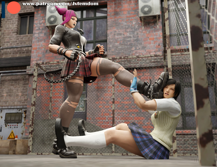 2girls 3d 3d_(artwork) absurd_res against_surface asian asian_female blender boot_fetish boot_on_face boot_on_head boots brutal cage combat crossover defeated dominant dominant_female domination dominatrix female female_domination female_only femdom fingerless_gloves foot_on_face foot_on_head helpless highres humiliated humiliation juri_han jvfemdom kazama_asuka kick kicking kicking_face kneehighs kneesocks leather_boots legs lezdom loafers punk punk_girl ryona school school_uniform school_uniform_juri schoolgirl schoolgirl_uniform skirt spiked_bracelet stepping_on_head stockings stomp street_fighter street_fighter_v tekken tekken_7 tekken_tag_tournament_2 thick thick_ass thick_legs thighhighs voluptuous voluptuous_female