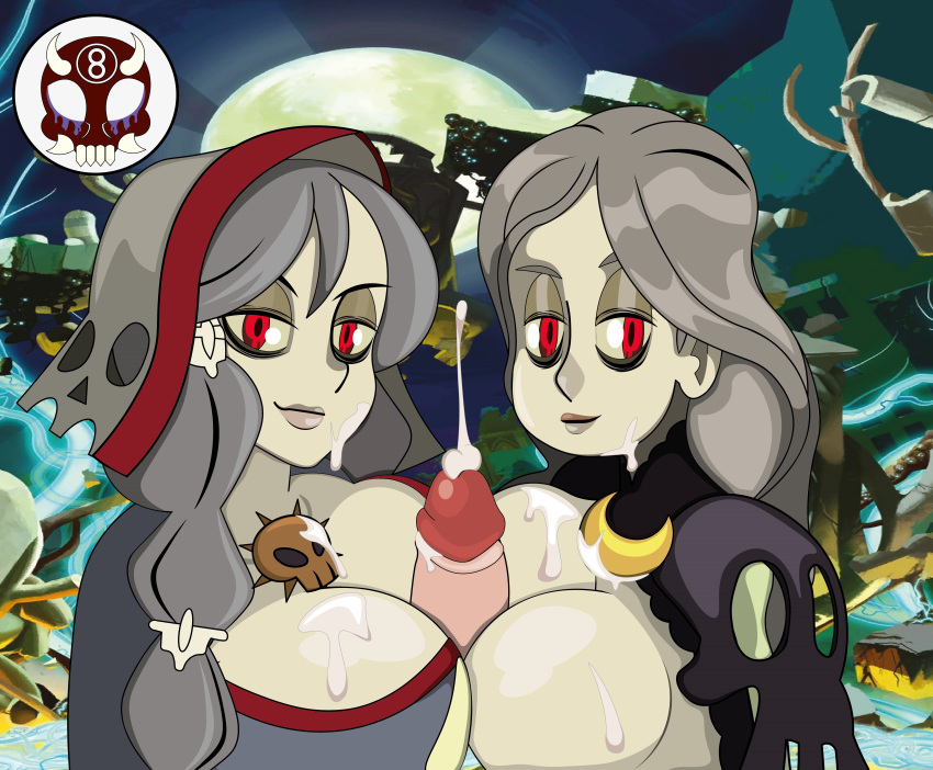 2girls 8ball9615 annie's_mother big_breasts cum_on_breasts cum_on_face double_boobjob half-dressed milf multiple_girls paizuri pale-skinned_female red_eyes selene_contiello skull_ornament skullgirl_(creature) skullgirls squeezing_breast undead undead_female